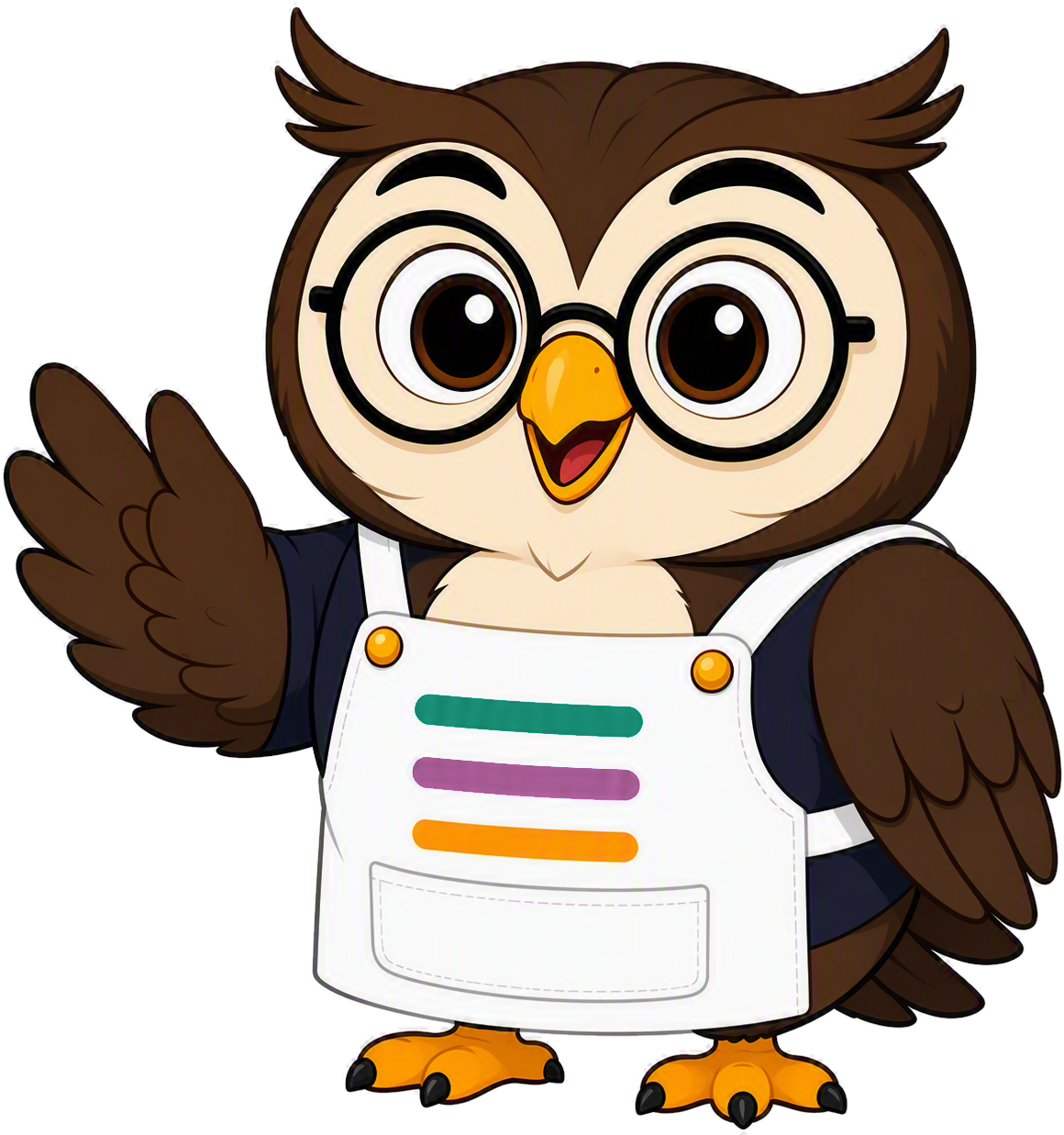Bagsworth, the Basket3 owl, waving in a striped apron